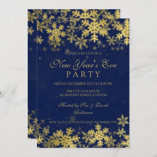 ニューヨークイブパーティー ゴールド＆ネイビーブルー  雪の結晶 招待状 (正面/裏面)