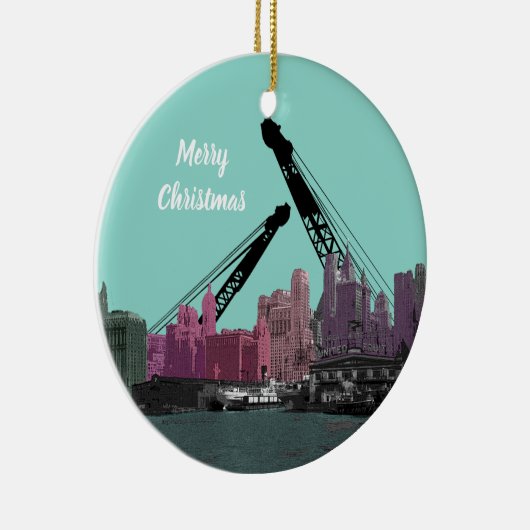 ニューヨークシティのクレーンの操縦士の30年代のスカイラインの漫画 セラミックオーナメント (右)
