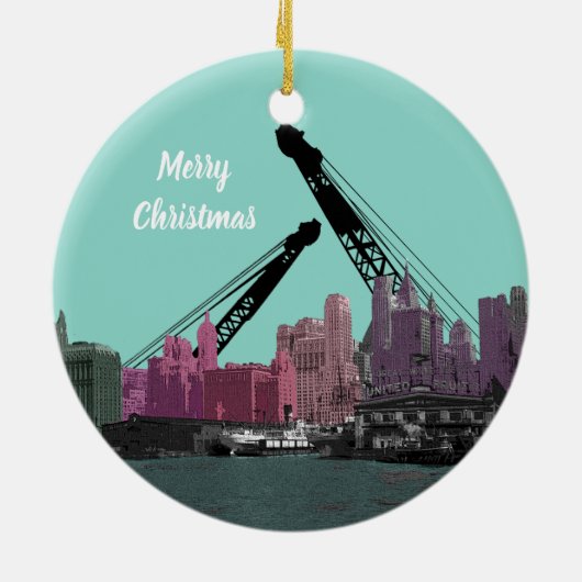 ニューヨークシティのクレーンの操縦士の30年代のスカイラインの漫画 セラミックオーナメント (裏面)