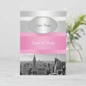 ニューヨークシティのスカイライン モノクロ05  白とピンクのスイート16パーティー 招待状 (スタンド正面)