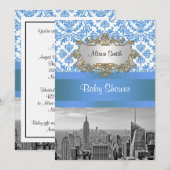 ニューヨークシティのスカイライン　モノクロ　D4 ダマスク　ベイビーシャワー　招待状V 招待状 (正面/裏面)