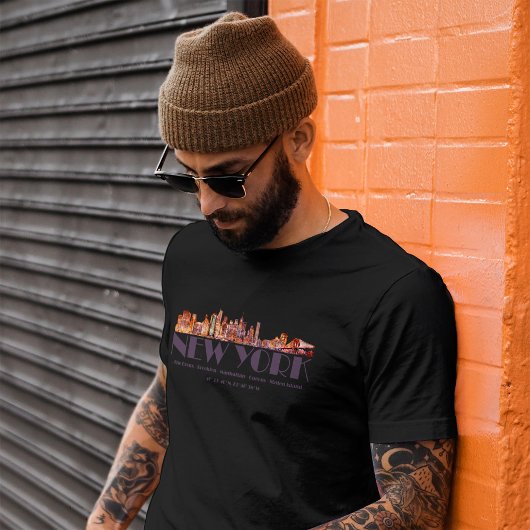 ニューヨークシティのスカイライン。行政区と座標 Tシャツ
