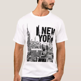 ニューヨークシティのスカイライン - 黒と白のストリートウェアTシャツ Tシャツ