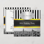 ニューヨークシティのスカイライン 黒白 ストライプ イエロー 誕生日 招待状 (正面/裏面)