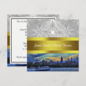 ニューヨークシティの夕焼けのスカイラインを飾った白いダマスクのウェディングシャワーのお祝い 招待状 (正面/裏面)