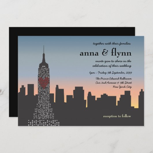 ニューヨークシティの日没のスカイラインの結婚式招待状 招待状 (正面/裏面)