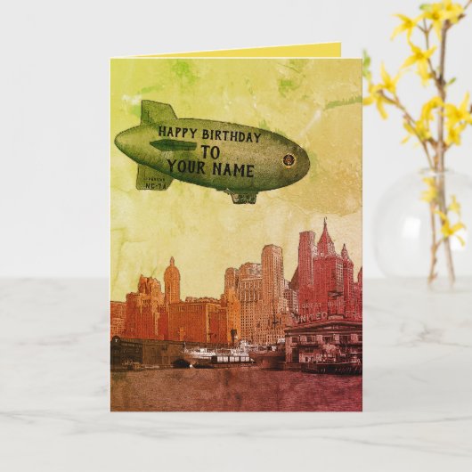 ニューヨークシティの30年代のスカイラインの軟式小型飛行船あなたの誕生日 カード (黄色い花)