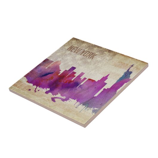 ニューヨークシティのNY |の水彩画都市スカイライン タイル (側面)