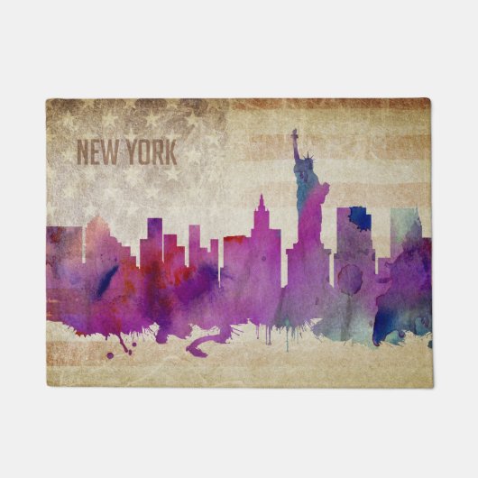 ニューヨークシティのNY |の水彩画都市スカイライン ドアマット (正面)