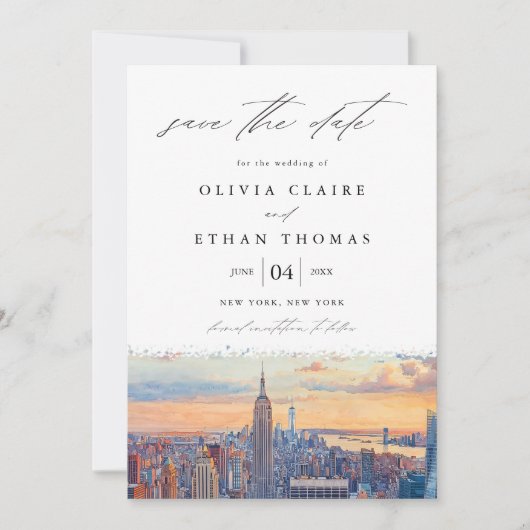 ニューヨークシティウォーターカラーウェディング日付を保存 招待状 (正面)