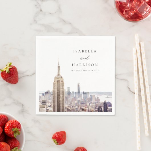 ニューヨークシティウォーターカラースカイライン結婚ズ紙 スタンダードカクテルナプキン (インサイチュ)