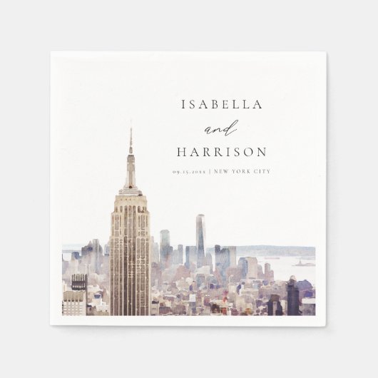 ニューヨークシティウォーターカラースカイライン結婚ズ紙 スタンダードカクテルナプキン (正面)
