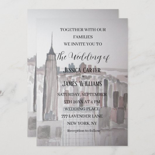 ニューヨークシティウォーターカラーデスティネーションシッ結婚クス 招待状 (正面/裏面)