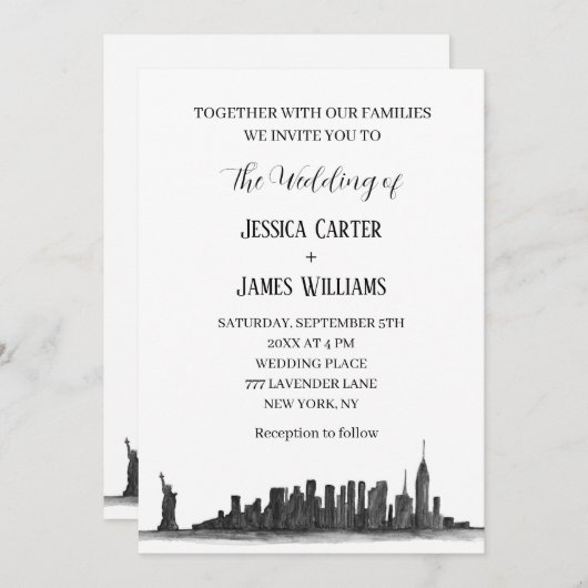 ニューヨークシティウォーターカラーデスティネーションシッ結婚クス 招待状 (正面/裏面)