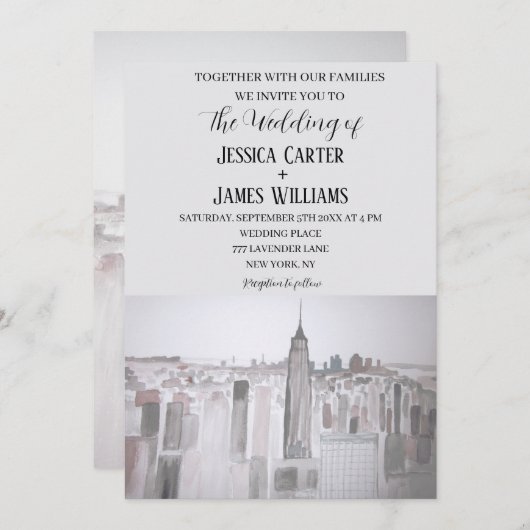 ニューヨークシティウォーターカラーデスティネーションシッ結婚クス 招待状 (正面/裏面)