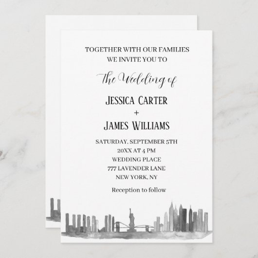 ニューヨークシティウォーターカラーデスティネーションシッ結婚クス 招待状 (正面/裏面)