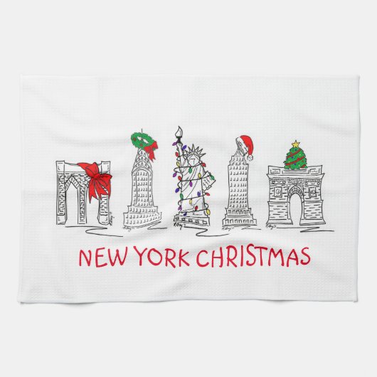 ニューヨークシティクリスマスNYC建物クリスマスズホリデイ キッチンタオル (横)