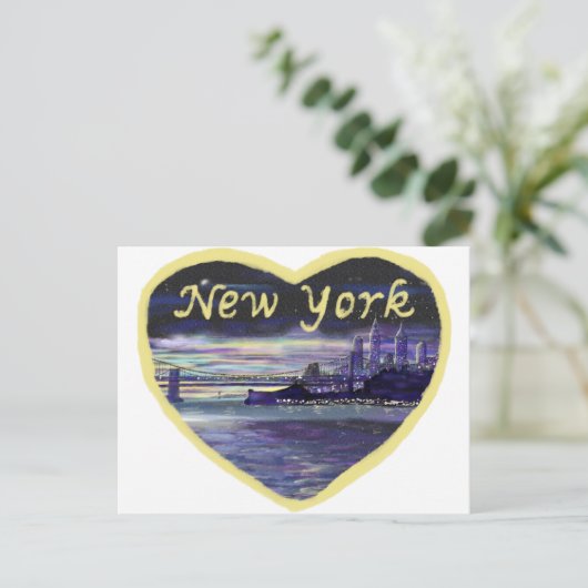 ニューヨークシティサンセットパープルシティスケープ絵画ズ ポストカード (スタンド正面)