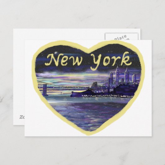 ニューヨークシティサンセットパープルシティスケープ絵画ズ ポストカード (正面/裏面)