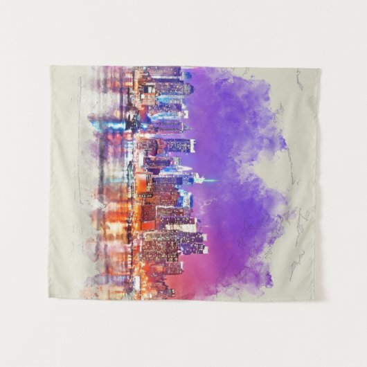 ニューヨークシティサンセット – 混合メディア タペストリー (正面(横))