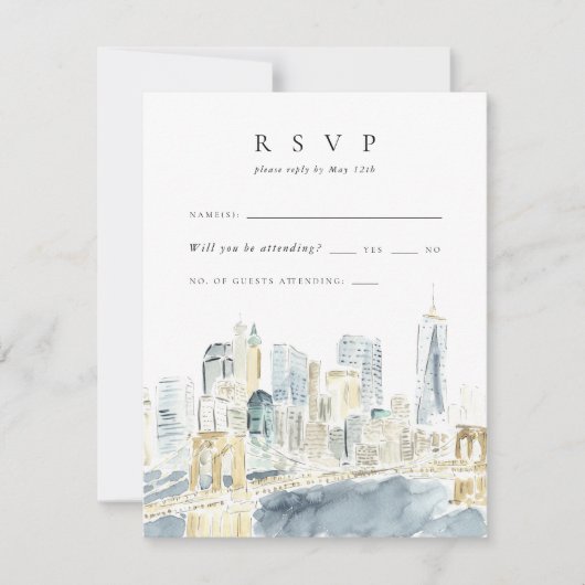 ニューヨークシティスカイラインウォーターカラーウェディングRSVPカード 出欠カード (正面)