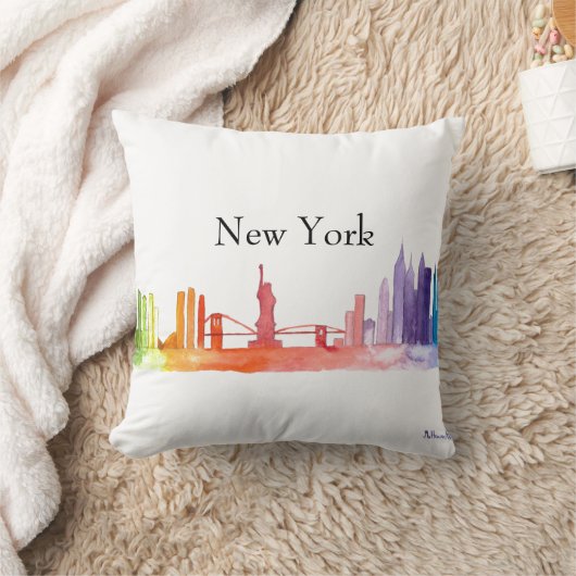 ニューヨークシティスカイラインウォーターカラーカラフルトレンディー クッション (ブランケット)