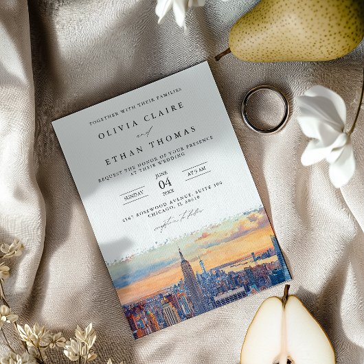 ニューヨークシティスカイラインウォーター結婚カラー 招待状