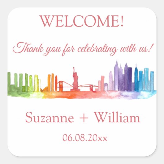 ニューヨークシティスカイラインカラフルレインボーウェディング スクエアシール (正面)