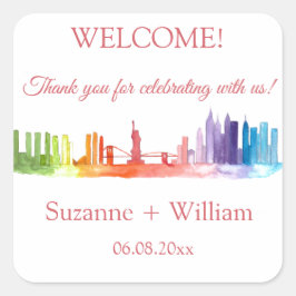 ニューヨークシティスカイラインカラフルレインボーウェディング スクエアシール