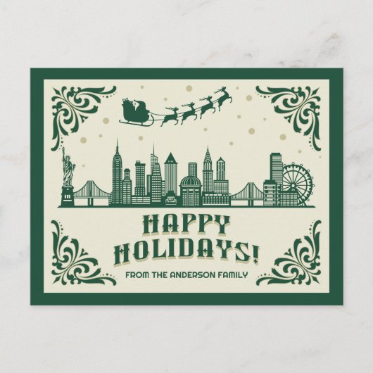 ニューヨークシティスカイラインハッピーホリデーズハガキ シーズンポストカード (正面)