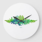 ニューヨークシティスカイライン水彩青とライム ラージ壁時計 (正面)