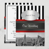 ニューヨークシティスカイライン モノクロ ブラックアンドホワイト ストライプ 2P ウェディング 招待状 (正面/裏面)