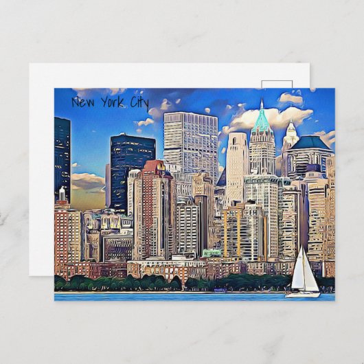 ニューヨークシティセーリングボート&建物はがき ポストカード (正面/裏面)