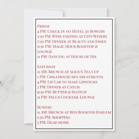 ニューヨークシティバチェロレッテウィークエンドローナリーシック 招待状 (裏面)