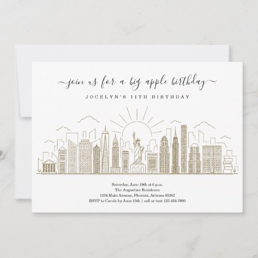 ニューヨークシティビッグ誕生日アップルパーティー金ゴールド 招待状 (正面)