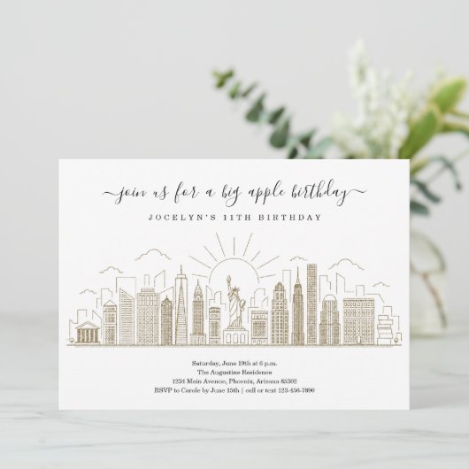 ニューヨークシティビッグ誕生日アップルパーティー金ゴールド 招待状 (スタンド正面)