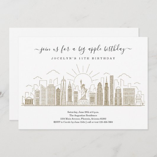 ニューヨークシティビッグ誕生日アップルパーティー金ゴールド 招待状 (正面/裏面)