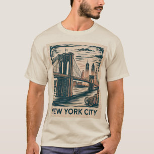 ニューヨークシティブルックリンブリッジはっきりしたレトロスカイライン Tシャツ