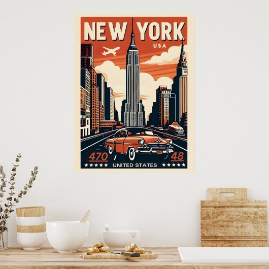 ニューヨークシティブルックリンブリッジヴィンテージクラシック車 ポスター (キッチン)