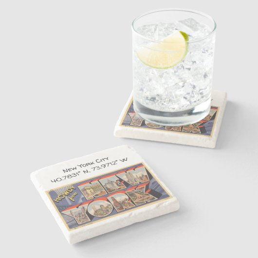 ニューヨークシティマップ座標ヴィンテージスタイル ストーンコースター (横)