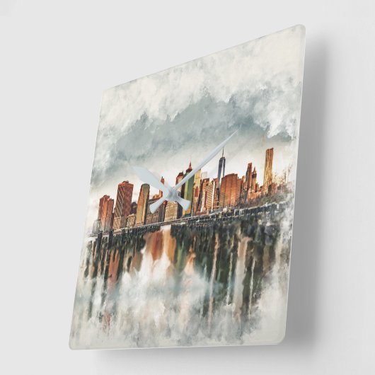 ニューヨークシティマンハッタンスカイラインミックスドメディア スクエア壁時計 (傾斜)