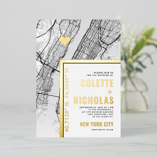ニューヨークシティラブロケーター |シティテーマ結婚の 箔招待状 (立ち正面)