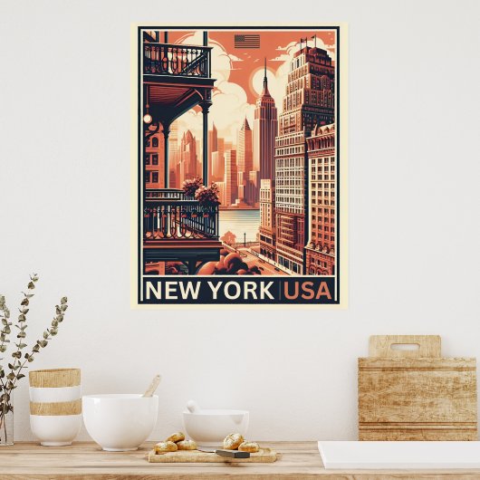 ニューヨークシティ建物ヴィンテージバルコニービュー ポスター (キッチン)