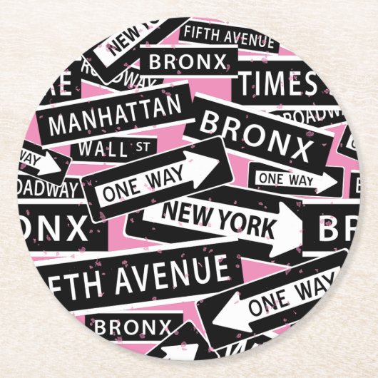 ニューヨークシティ通りサイン模様オンピンク ラウンドペーパーコースター (正面)