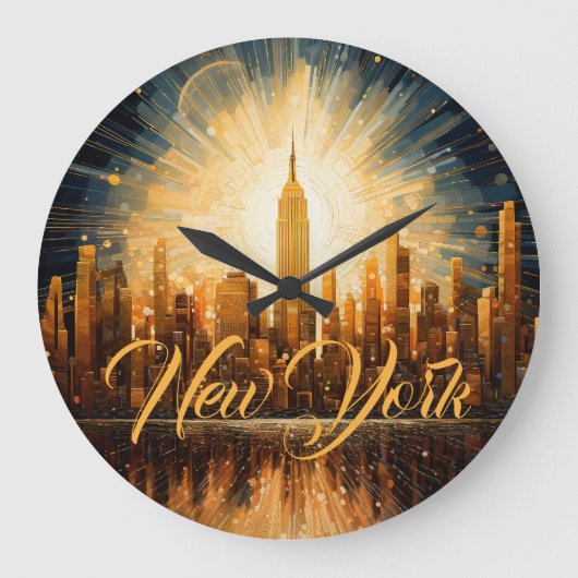 ニューヨークシティ、イラストレーションカラフルモダン ラージ壁時計 (正面)