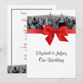 ニューヨークシティ・エッチド・フィッシュアイ・スカイライン　BW レッド・ウェディング 招待状 (正面/裏面)