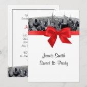 ニューヨークシティ・エッチド・フィッシュアイ・スカイライン　BW　レッド・スウィート16 招待状 (正面/裏面)