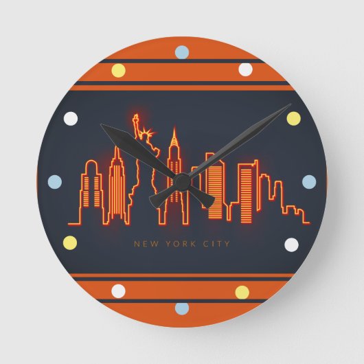 ニューヨークスカイラインオレンジネオンルックシティスケープの壁 ラウンド壁時計 (正面)