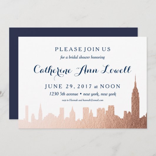 ニューヨークスカイラインフェイクバラ金ゴールドブライダルシャワー 招待状 (正面/裏面)