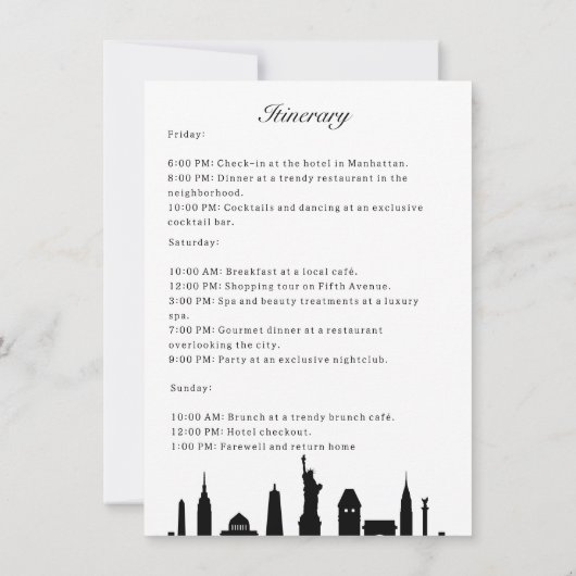 ニューヨークバチェロレッテの白黒の旅程 招待状 (裏面)